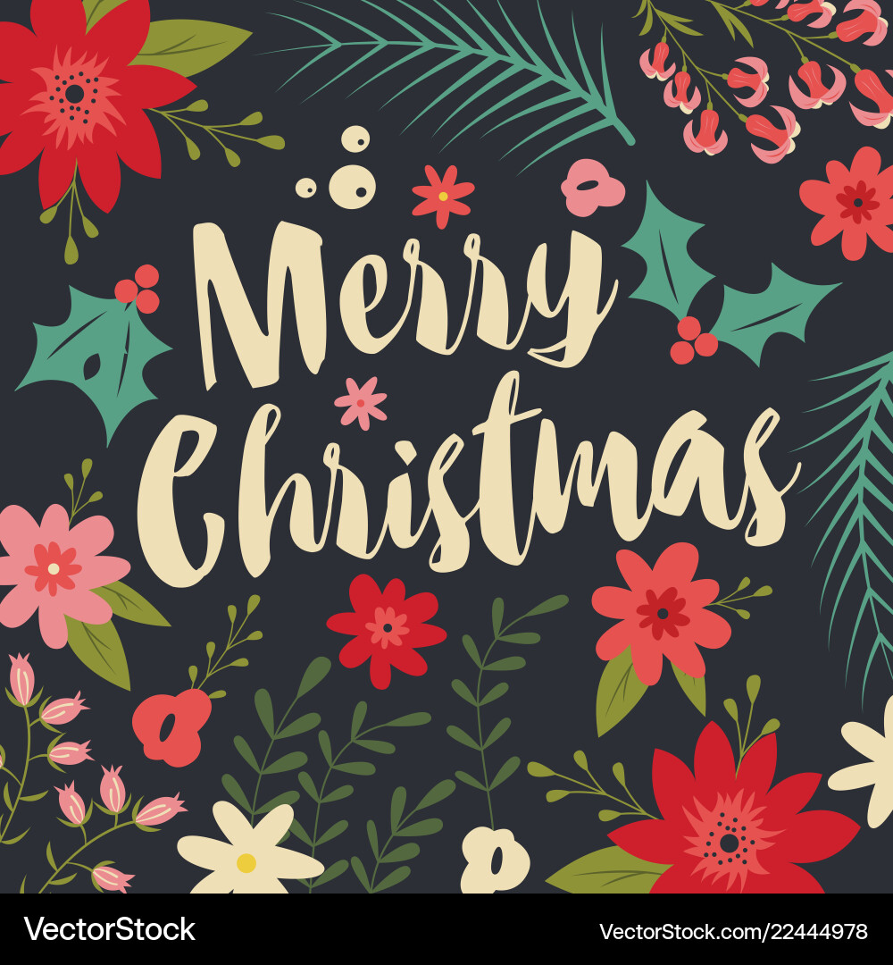 Typographic merry christmas card with floral Vector Image