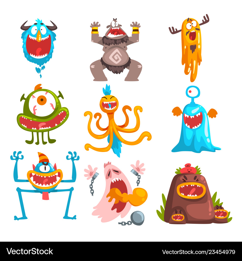 Cartoon Monsters with Diverse Emotions Vector Image