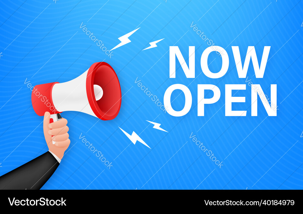 Megaphone with now open banner web Megaphone with now open banner web vector image
