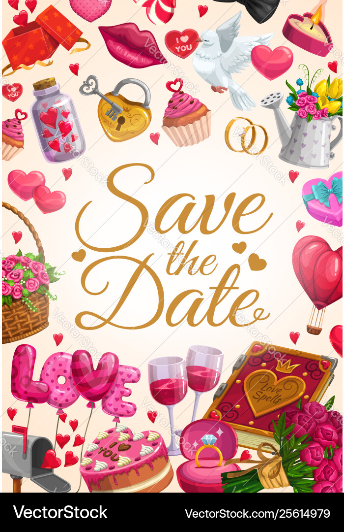 Sparen Sie Datum Liebe Herzen Hochzeit Ringe und Geschenke Sparen Sie Datum Liebe Herzen Hochzeit Ringe und Geschenke vektorbild