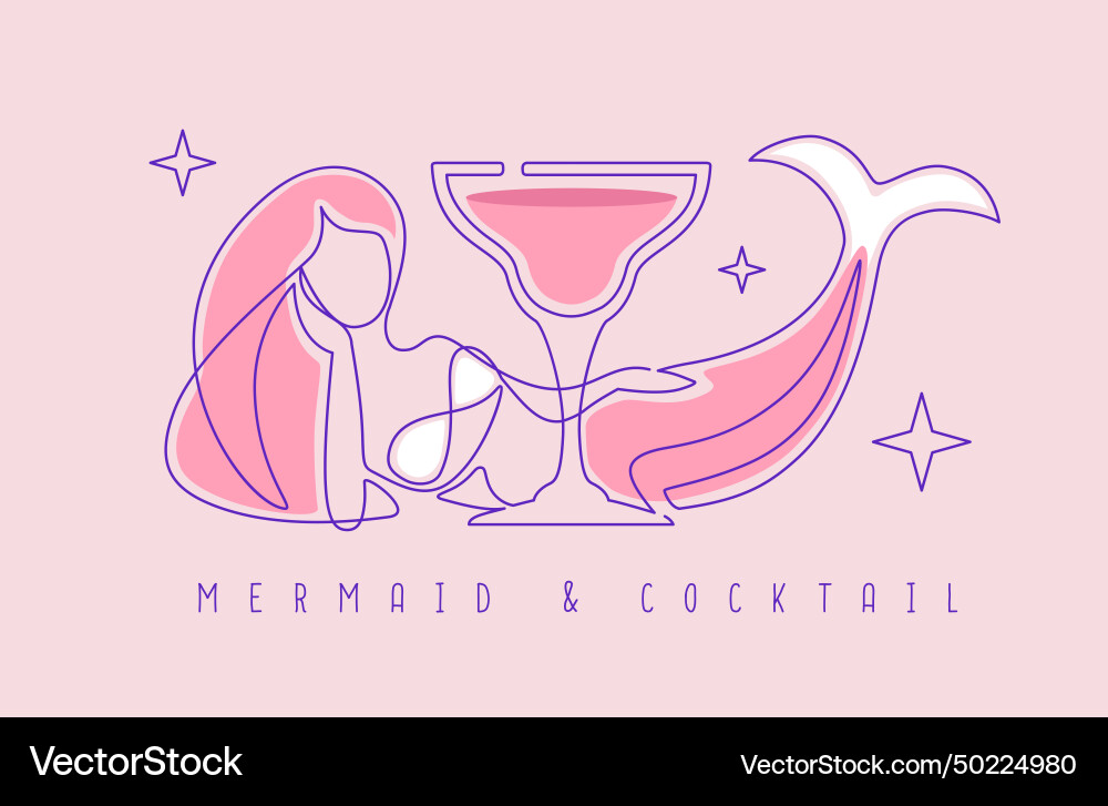 Kontinuierliche Linie von Meerjungfrau mit Cocktailglas Kontinuierliche Linie von Meerjungfrau mit Cocktailglas vektorbild
