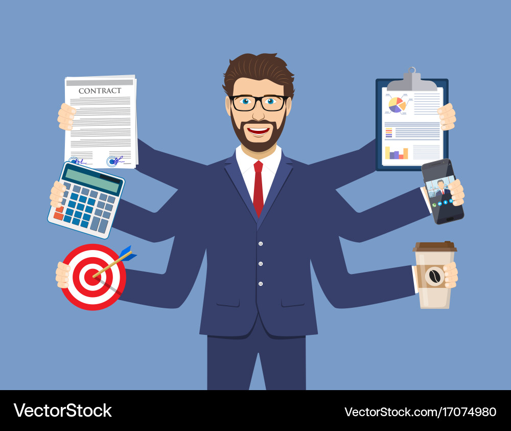 Multitasking Businessman with Multiple Hands Vector Image