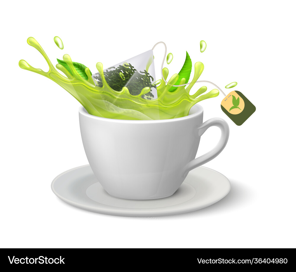 Realistische Tasse grünen Tee weiß Tasse und Untertasse Realistische Tasse grünen Tee weiß Tasse und Untertasse vektorbild