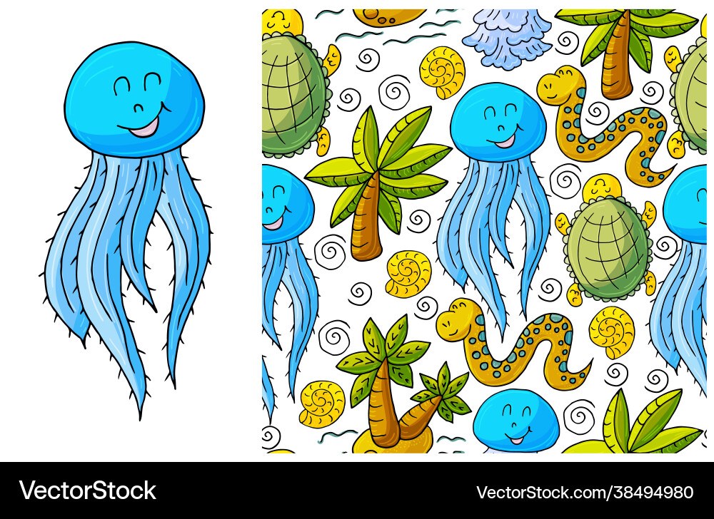 Set element and seamless pattern jellyfish Set element and seamless pattern jellyfish vector image