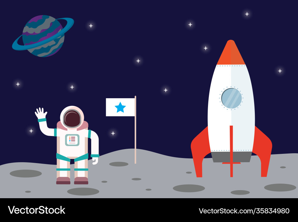 Spaceship and astronaut on new open planet Spaceship and astronaut on new open planet Vector Image