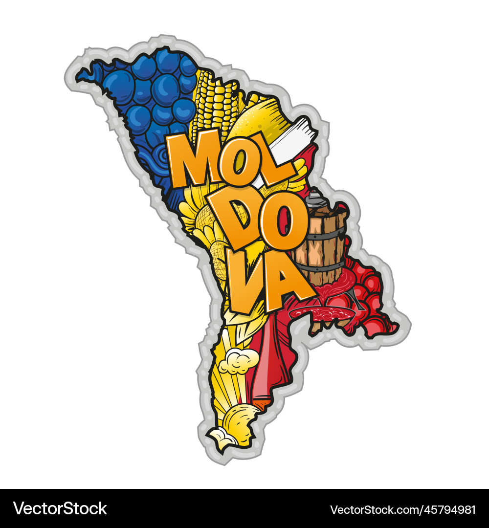 Moldova map in three colors with drawings Vector Image