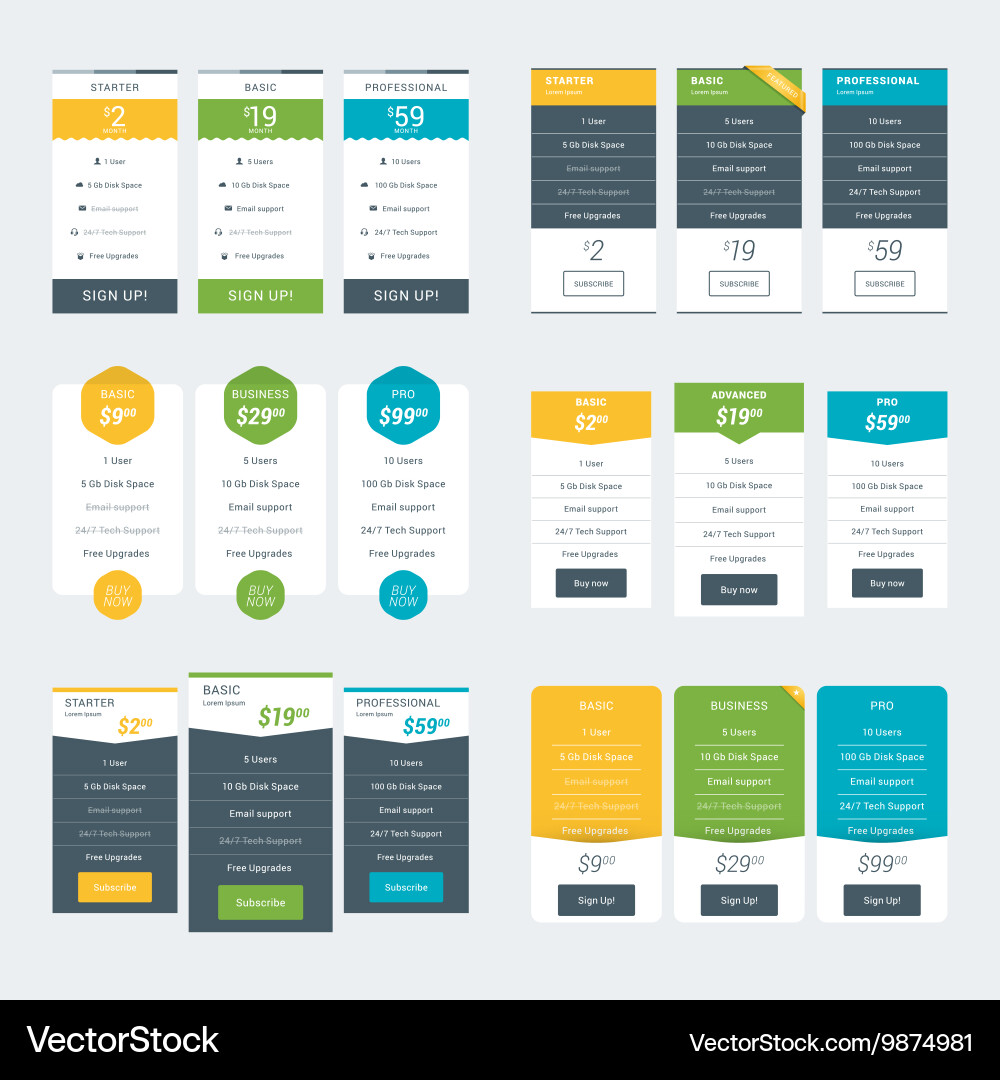 Set of pricing table design templates for websites vector image