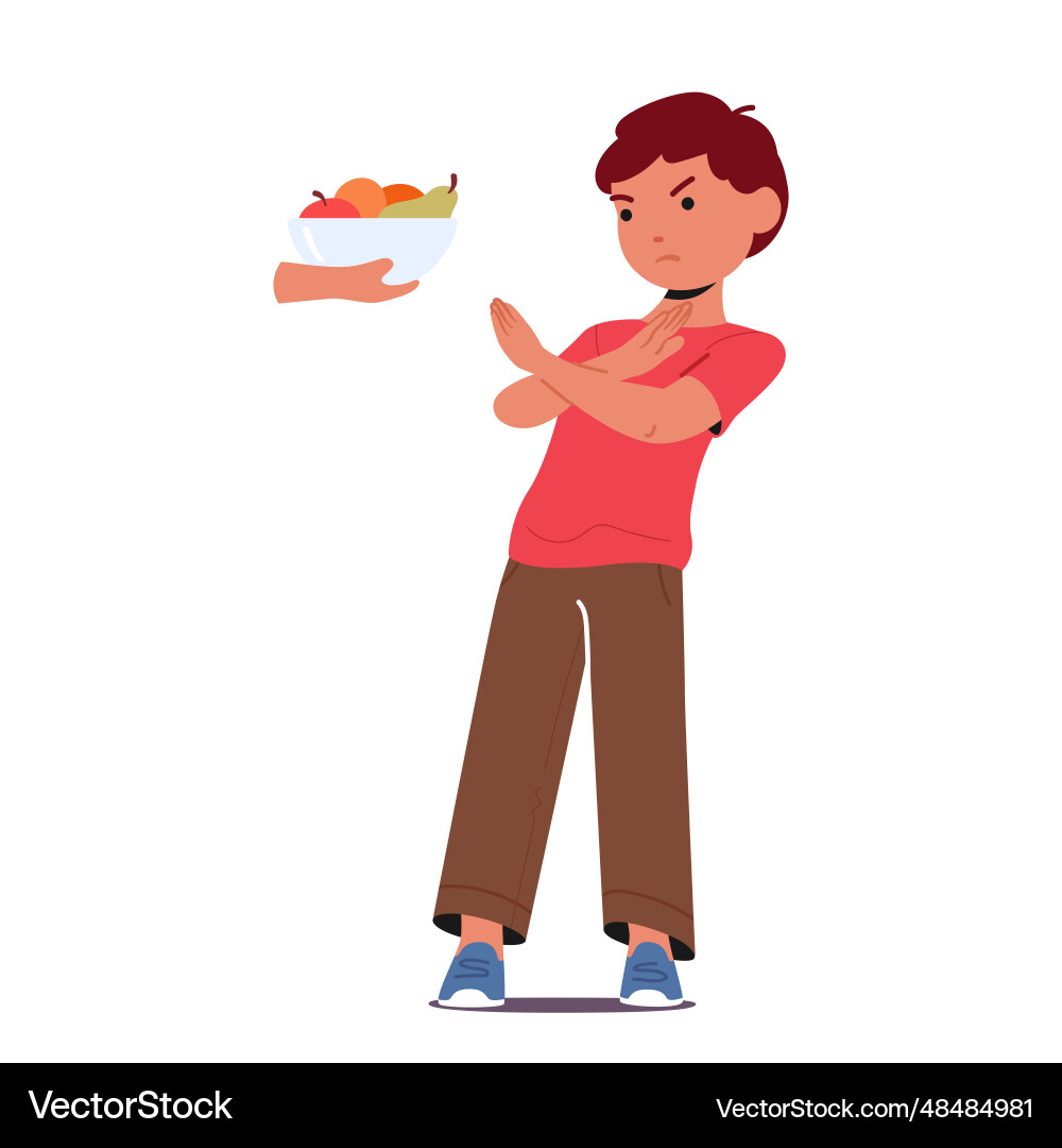 Stubborn child rejects consuming fruits displaying Vector Image