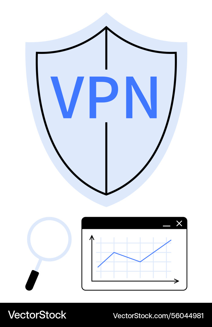 Vpn shield with analytics window and magnifying Vpn shield with analytics window and magnifying vector image