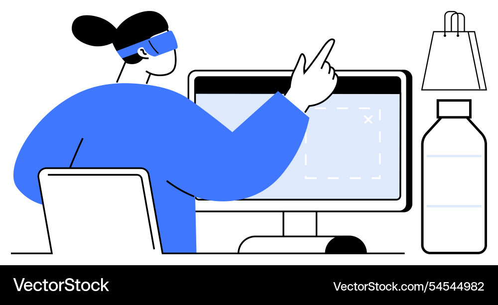 Person with vr headset pointing at computer Person with vr headset pointing at computer vector image