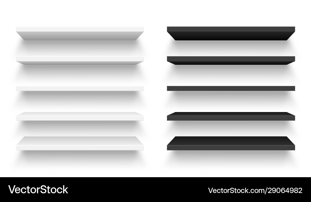 Realistic black and white wall shelf collection Realistic black and white wall shelf collection vector image