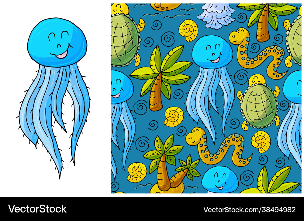 Set element and seamless pattern jellyfish Set element and seamless pattern jellyfish vector image