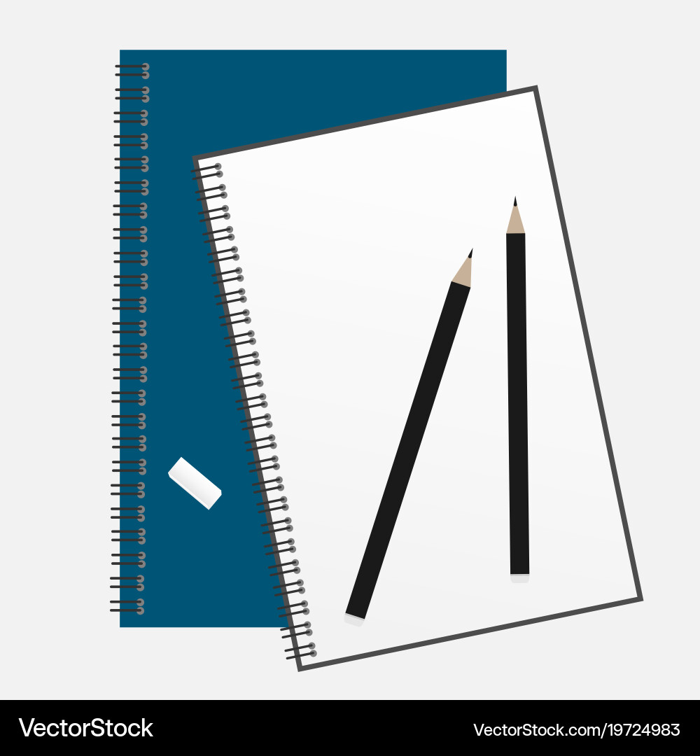 Top view of an open spiral notebook and pencil vector image