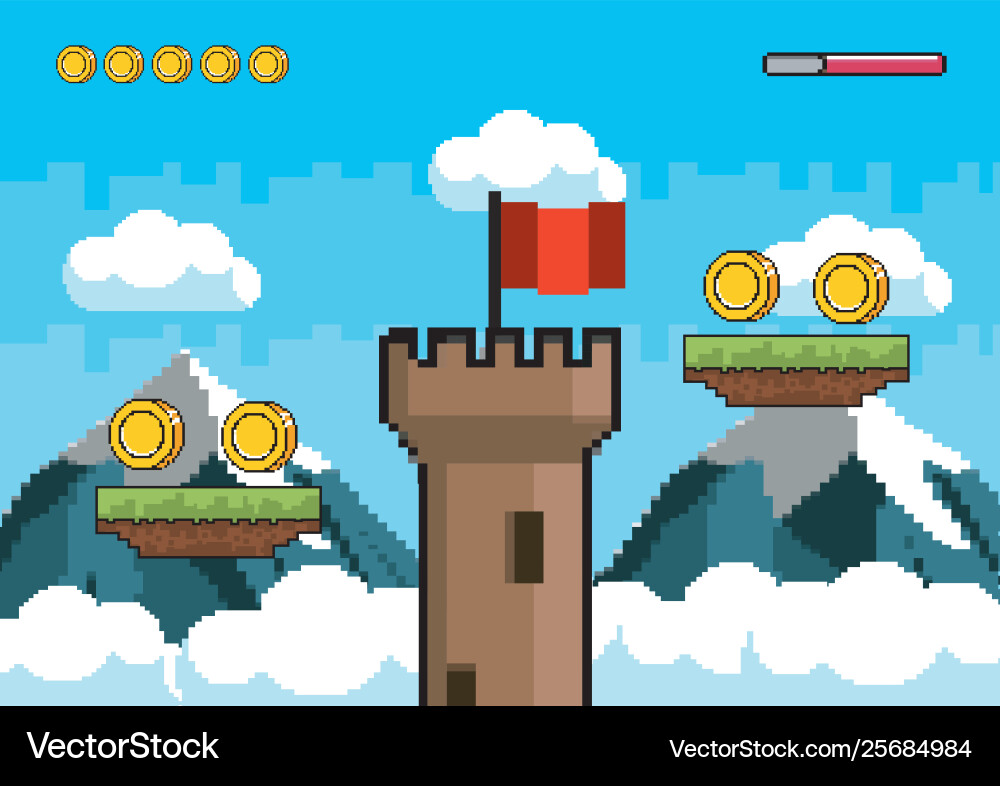 Arcade game world and pixel scene design vector image