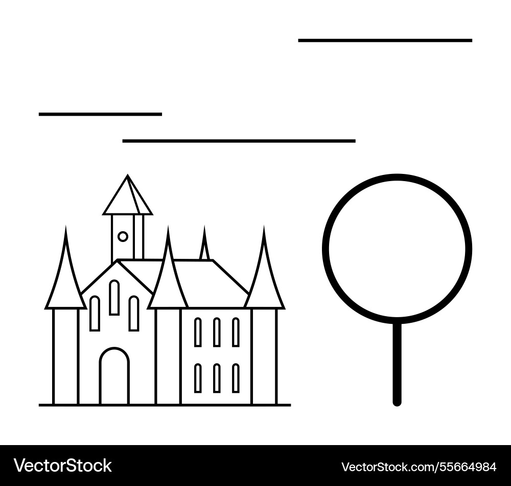 Minimalist castle with round tree and abstract vector image
