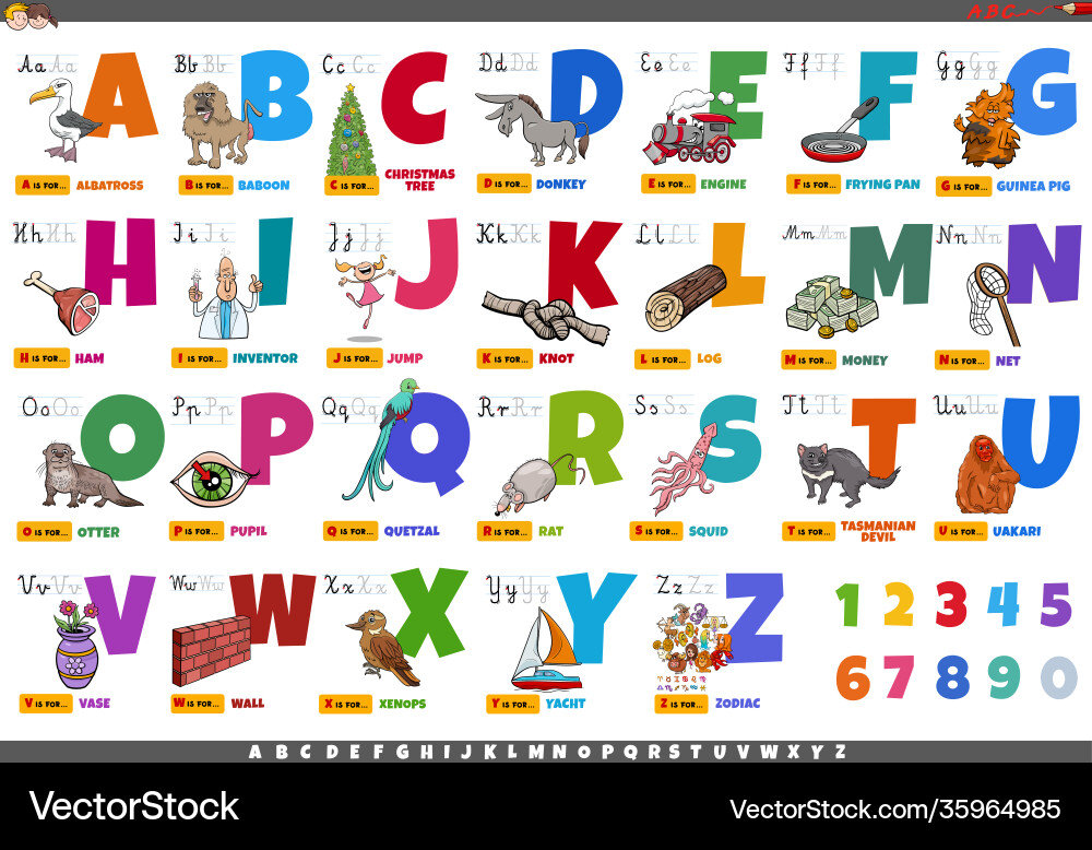 Alphabet with cartoon characters and objects Alphabet with cartoon characters and objects vector image