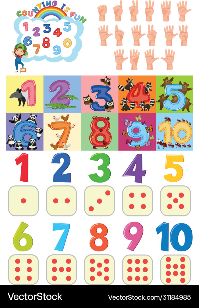 Counting numbers with hands and dots on white Counting numbers with hands and dots on white vector image