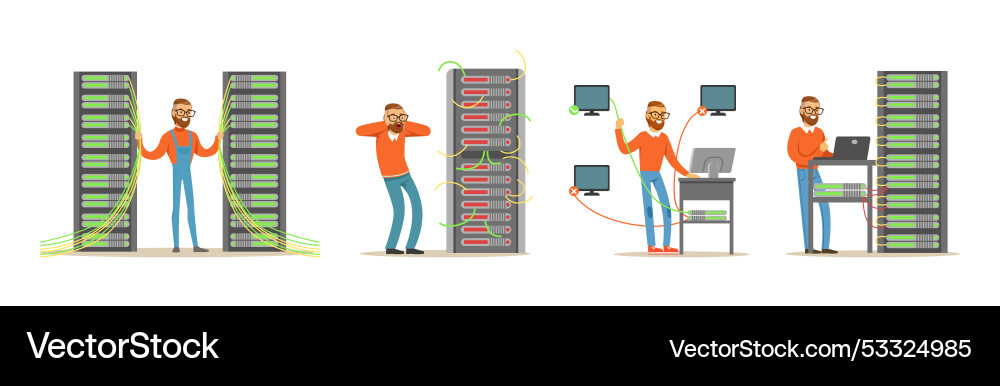 Junge Mann sysadmin Charakter arbeiten an Computer Junge Mann sysadmin Charakter arbeiten an Computer vektorbild