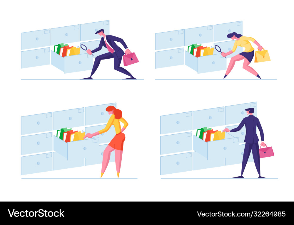 Set office clerk characters searching for files Set office clerk characters searching for files vector image