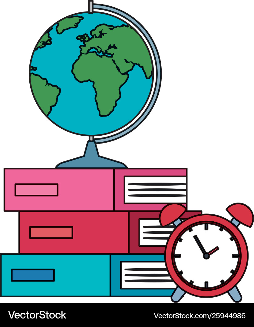 Pile textbooks with alarm clock and earth map Vector Image