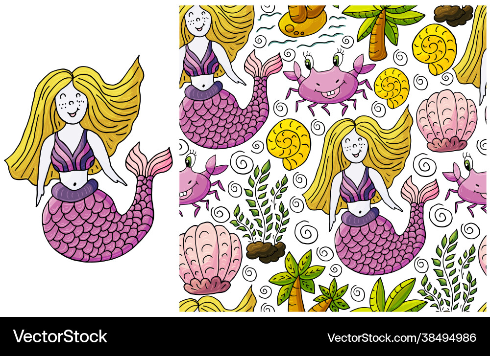 Set element and seamless pattern mermaid vector image