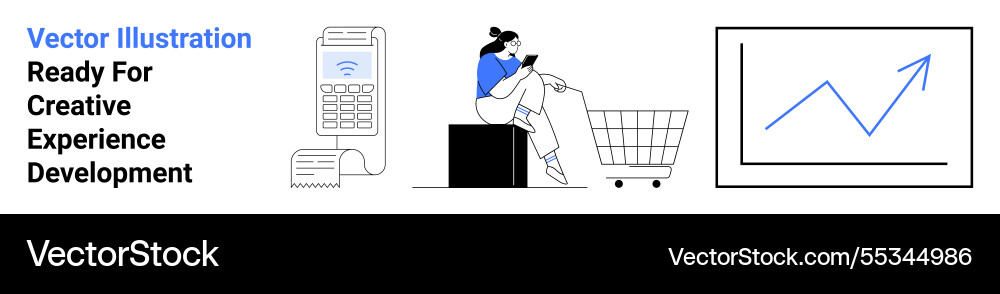 Woman shopping online with mobile near cart Woman shopping online with mobile near cart vector image