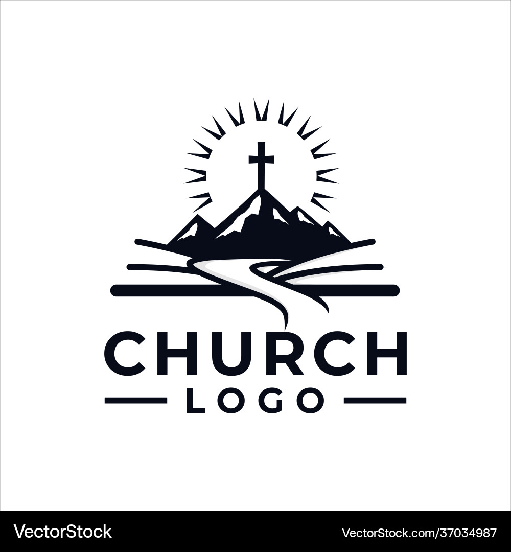 Church Logo: Mountain Cross & River Vector Image