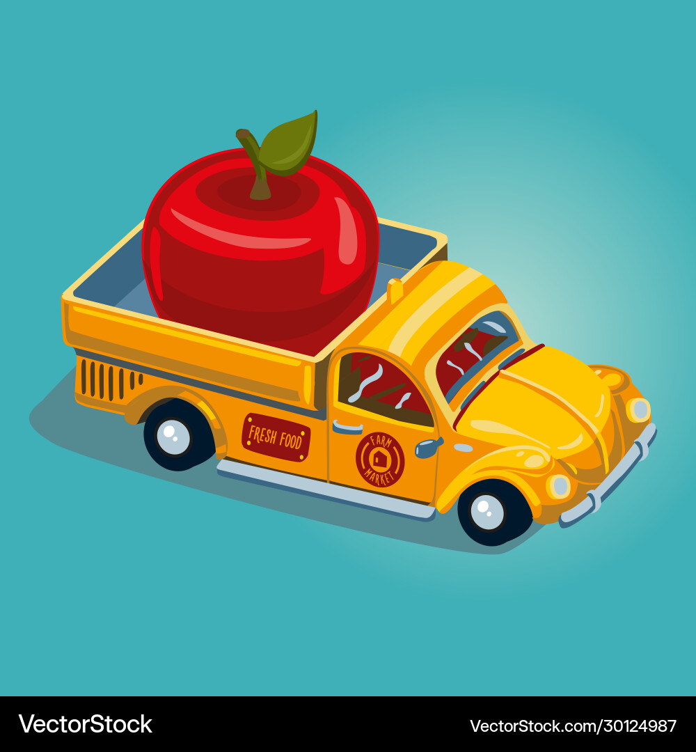 Food Delivery Konzept Retro Pickup Auto mit Obst Food Delivery Konzept Retro Pickup Auto mit Obst vektorbild
