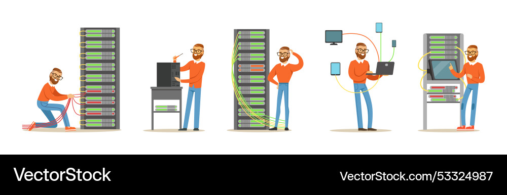 Junge Mann sysadmin Charakter arbeiten an Computer Junge Mann sysadmin Charakter arbeiten an Computer Vektorbild