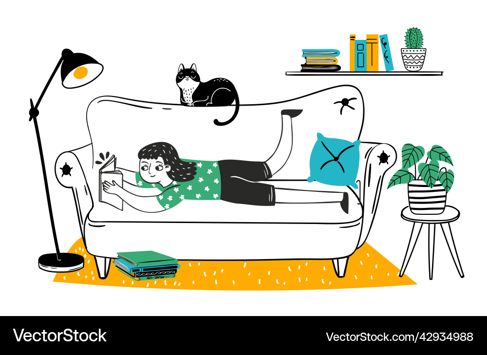 Hand drawn reader girl enjoying hobby lie in sofa Hand drawn reader girl enjoying hobby lie in sofa vector image