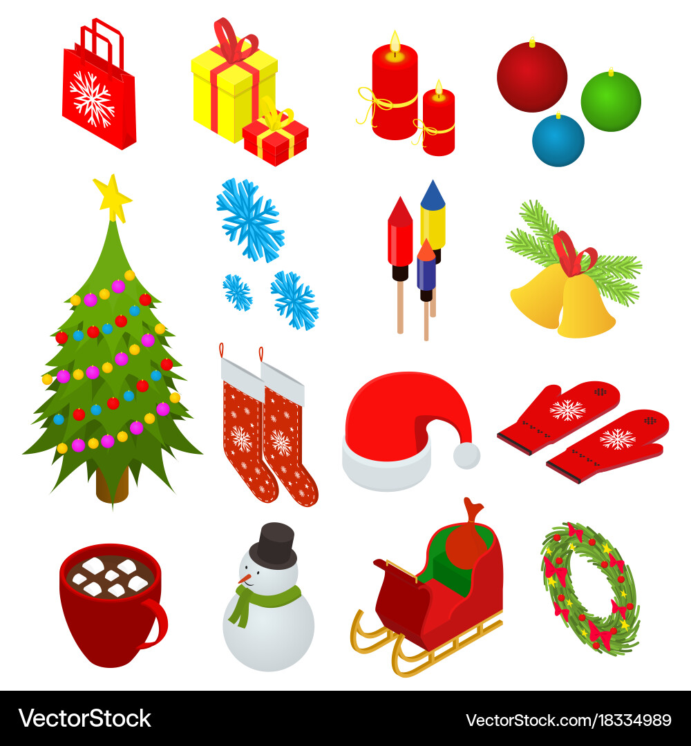 Christmas celebration set icons 3d isometric view Vector Image