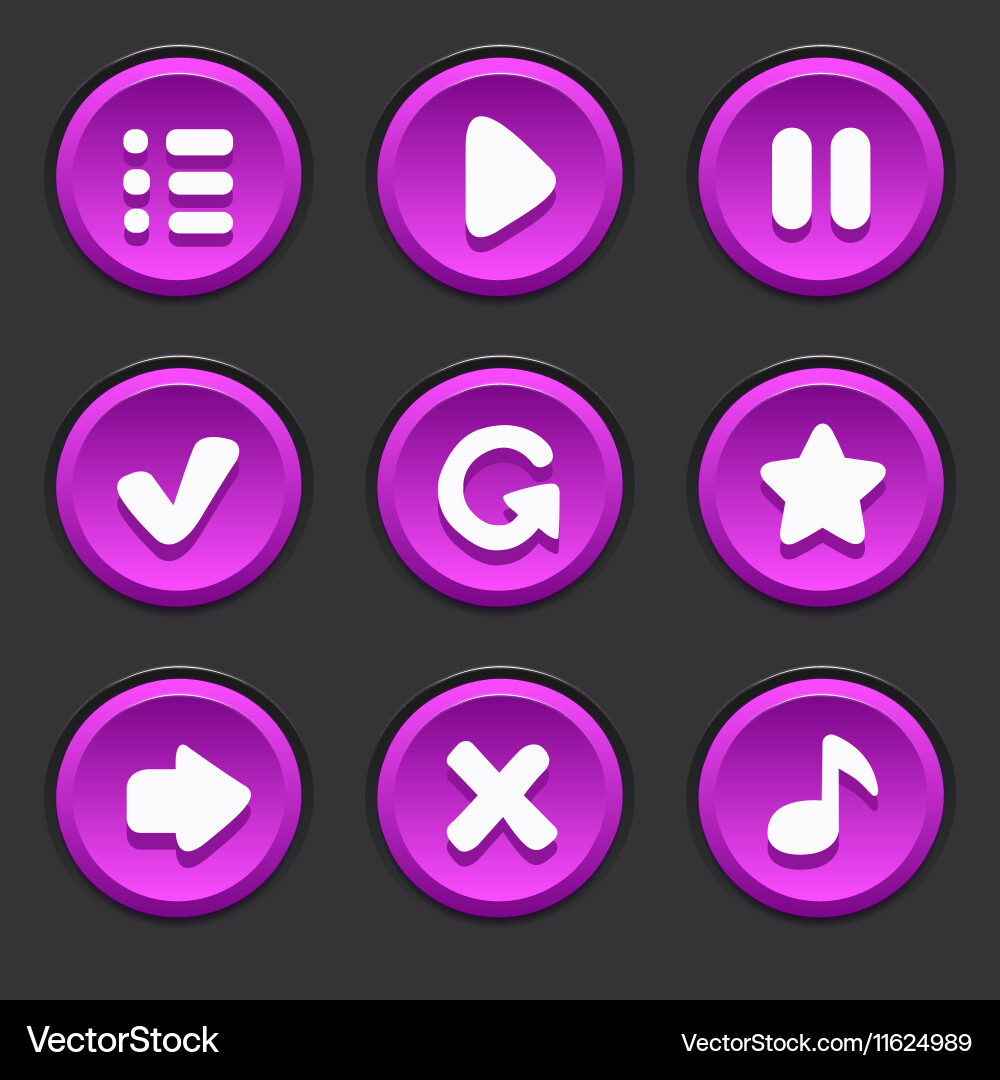 Set of purple buttons to play pause menu arrow Vector Image