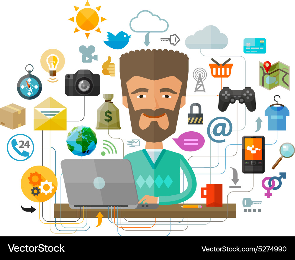Man Working on Laptop with Beard Vector Image
