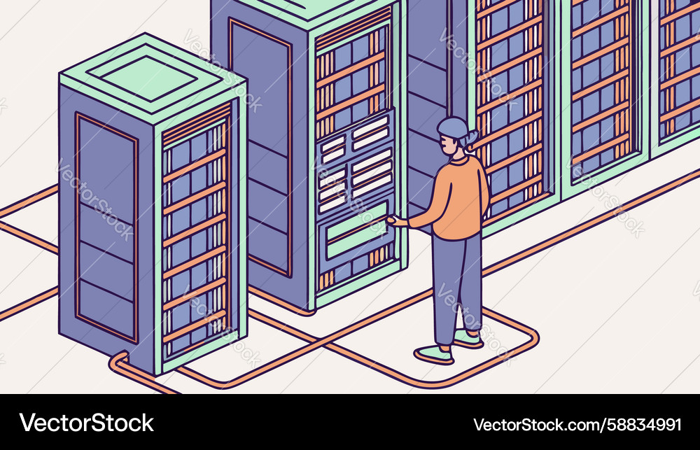 It technician working on server racks in a data Vector Image