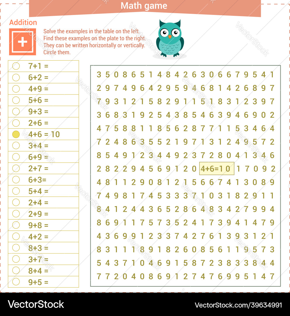 Mathematical game solve the examples on left Vector Image