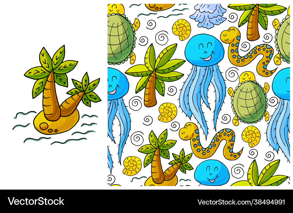 Set element and seamless pattern palm tree Set element and seamless pattern palm tree vector image