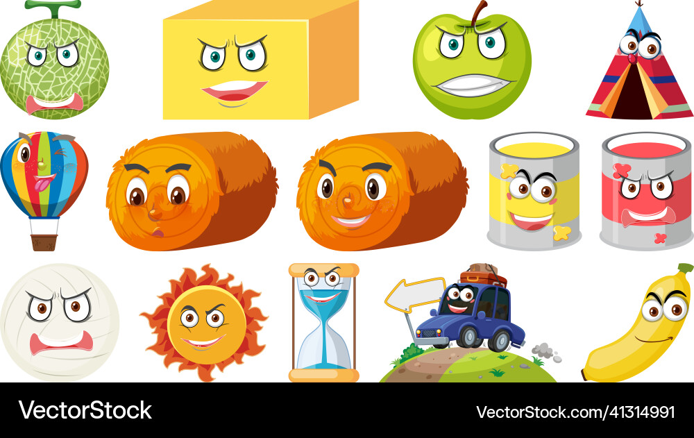 Set of different toy objects with smiley faces vector image