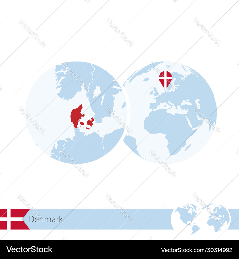 Denmark on world globe with flag and regional map Vector Image