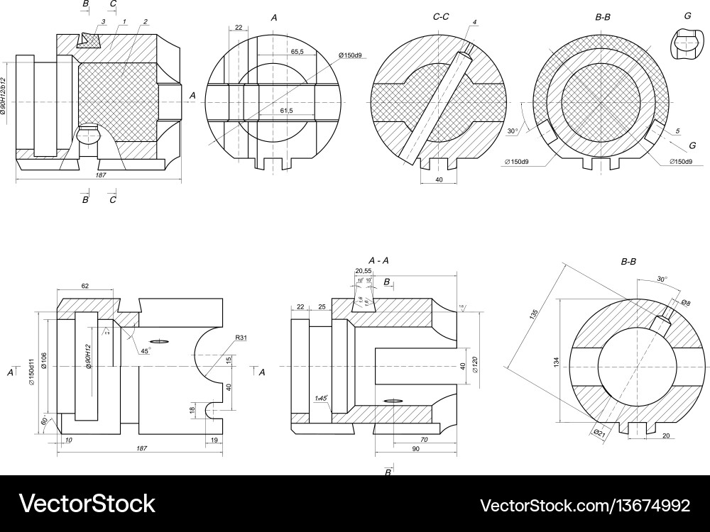 Expanded engineering elements with hatching Vector Image