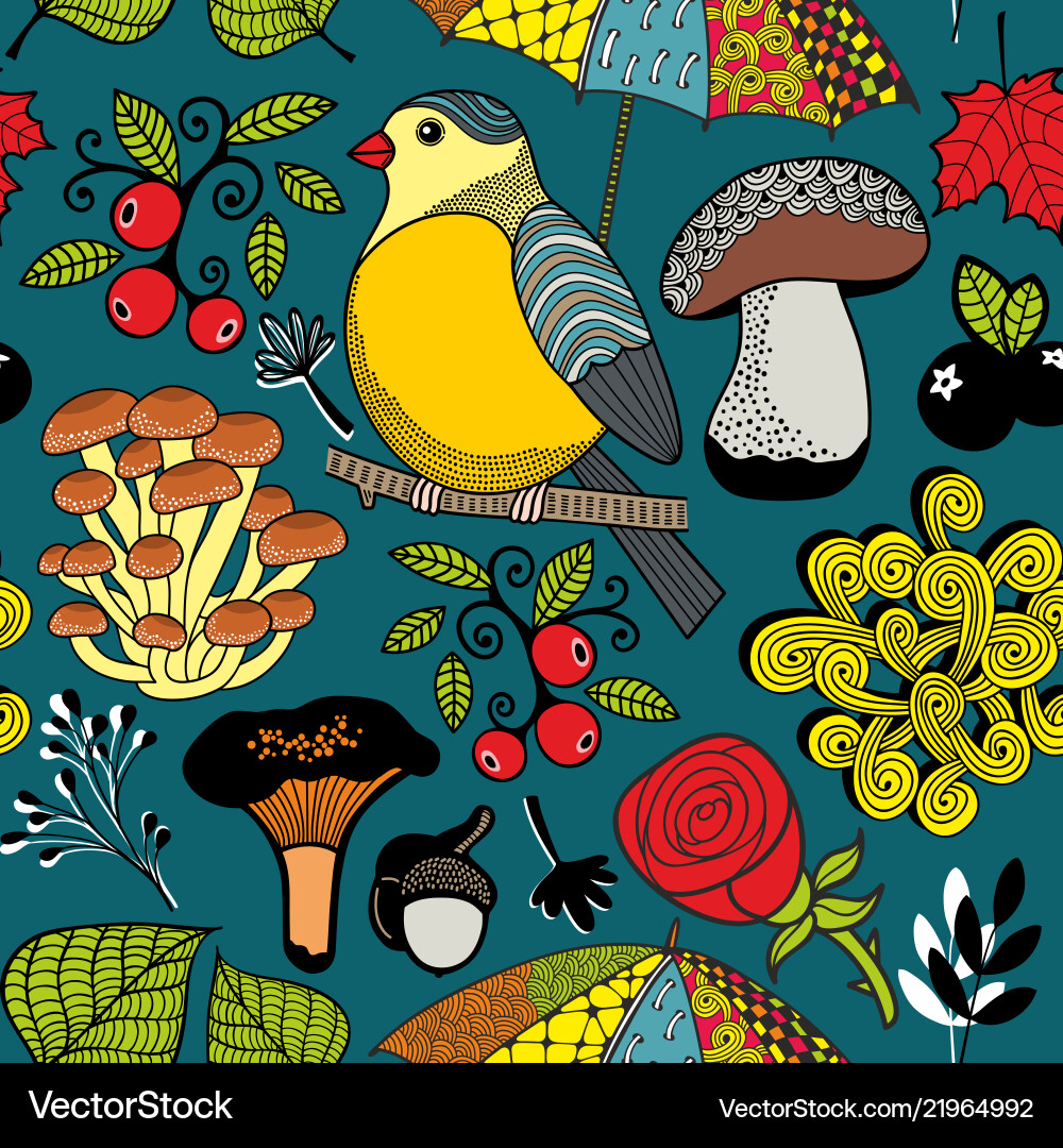 Seamless pattern with autumn forest and bird Vector Image