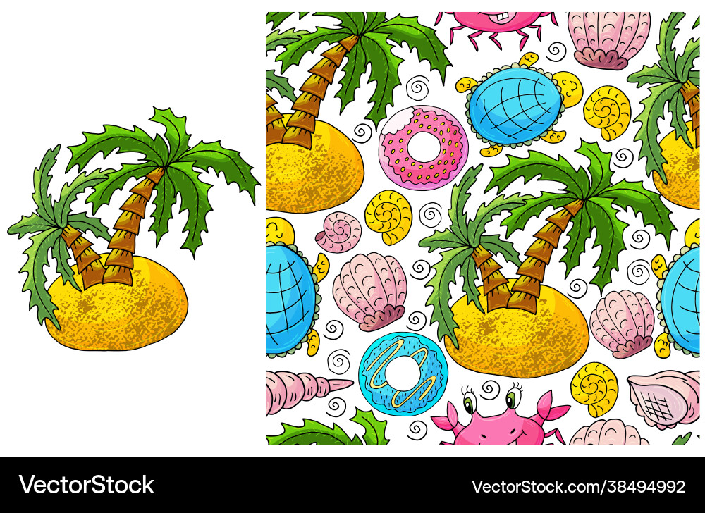 Set element and seamless pattern palm tree vector image