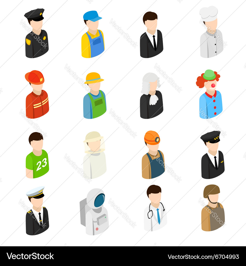 Isometric men of 16 different professions Vector Image