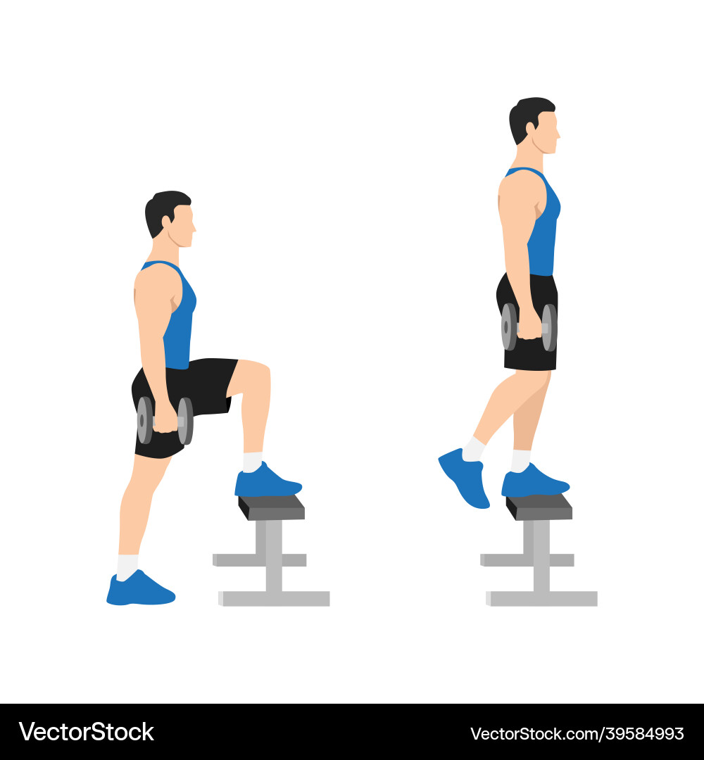 Man doing dumbbell step ups exercise flat Man doing dumbbell step ups exercise flat vector image