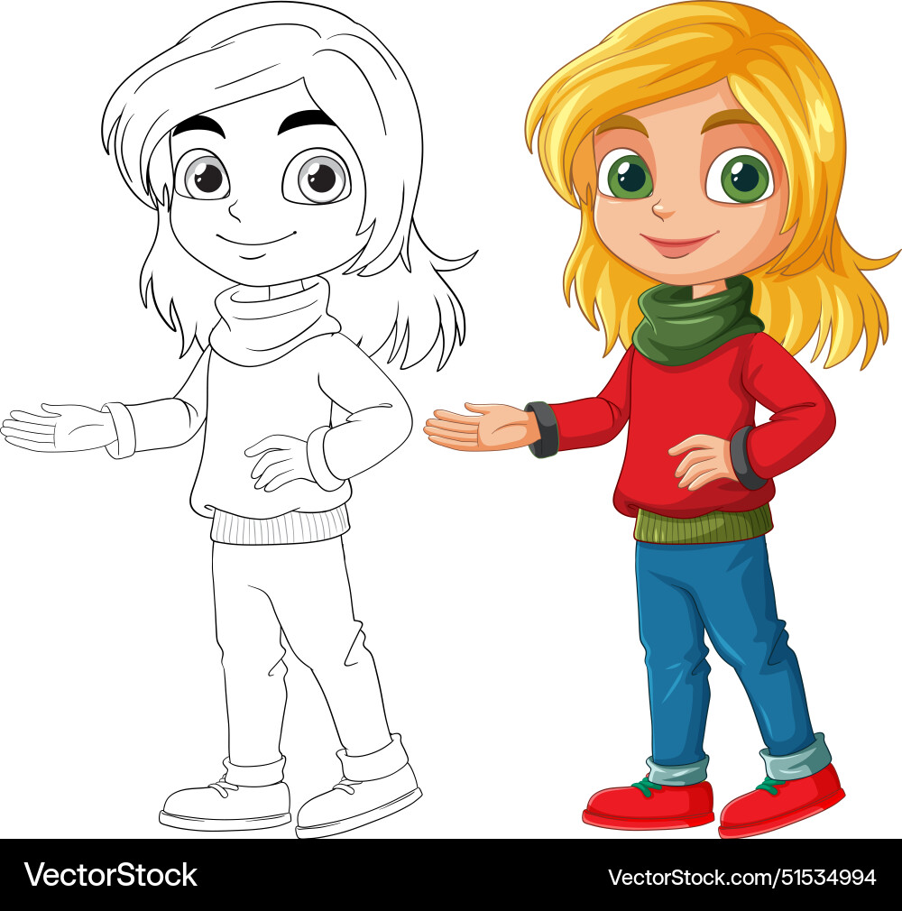 A kid in both colored and outline versions Vector Image