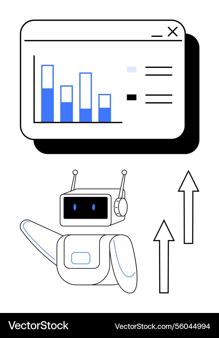 Robot analyzing data with bar chart and upward Robot analyzing data with bar chart and upward vector image