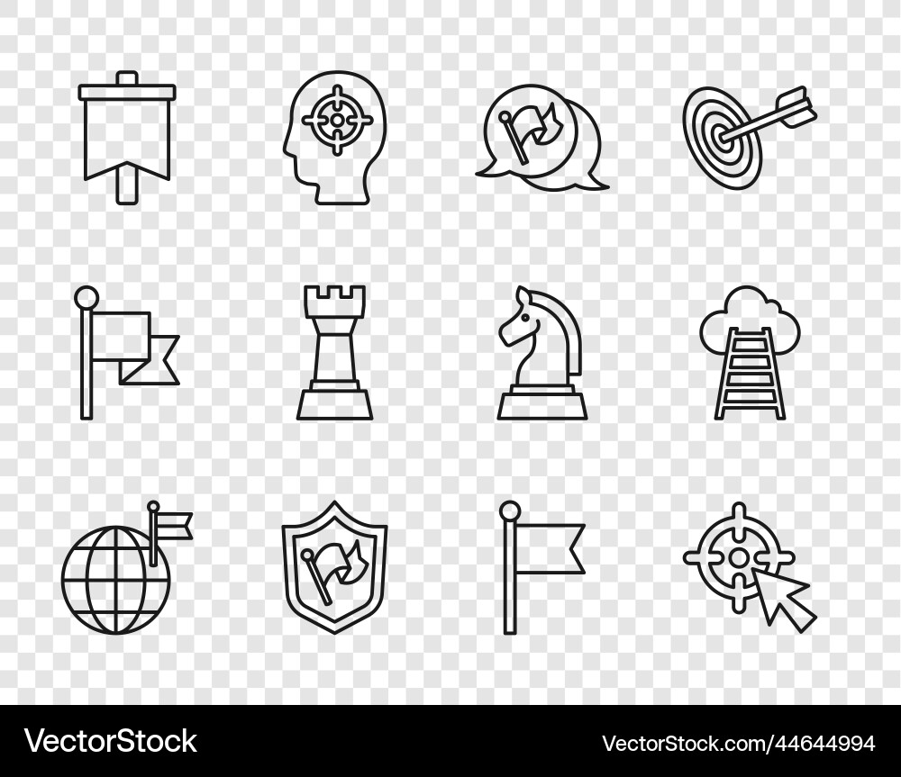 Set line planet with flag target shield Set line planet with flag target shield vector image