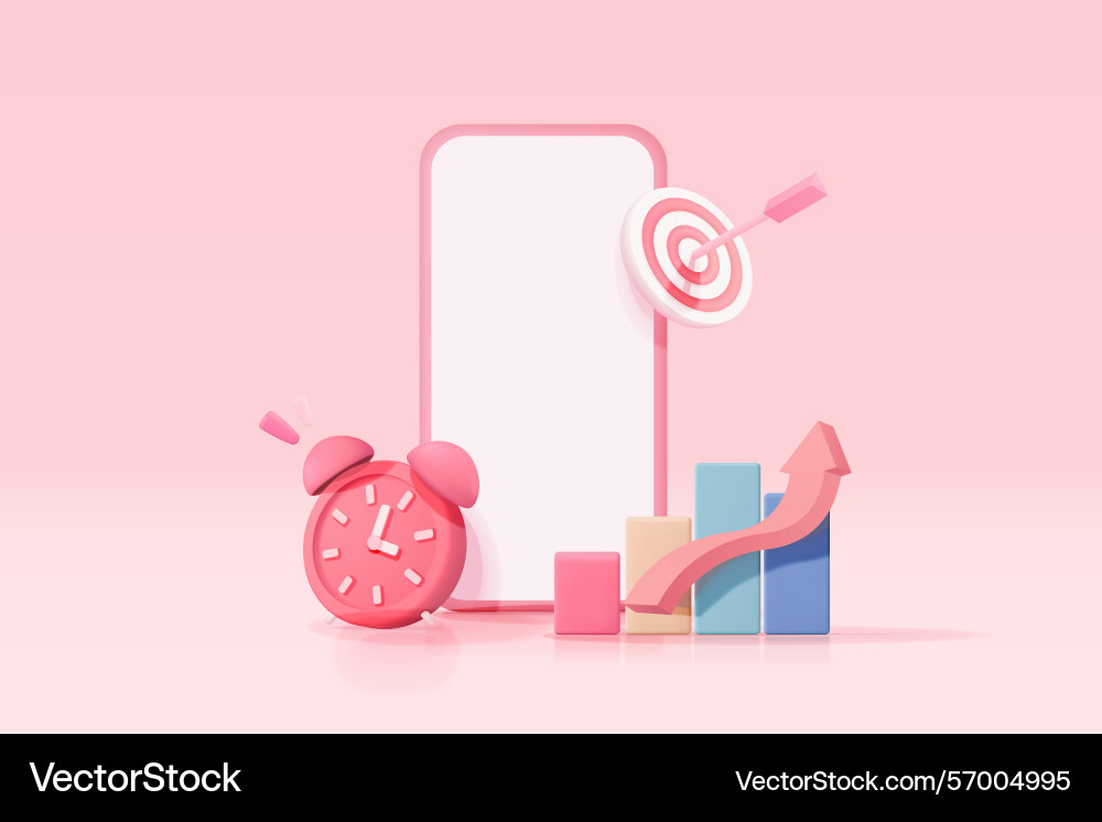 3d mobile phone with alarm clock and graph 3d mobile phone with alarm clock and graph vector image