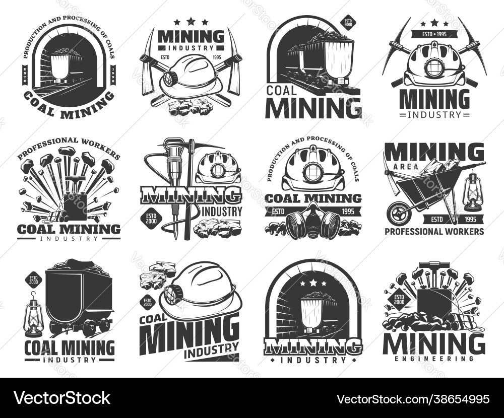 Coal mining industry icons emblems set Vector Image