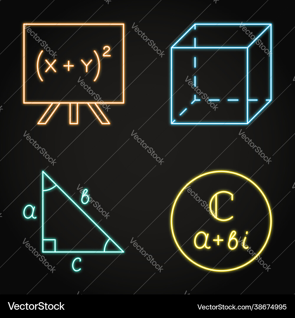 Neon mathematics icons set in line style Neon mathematics icons set in line style vector image