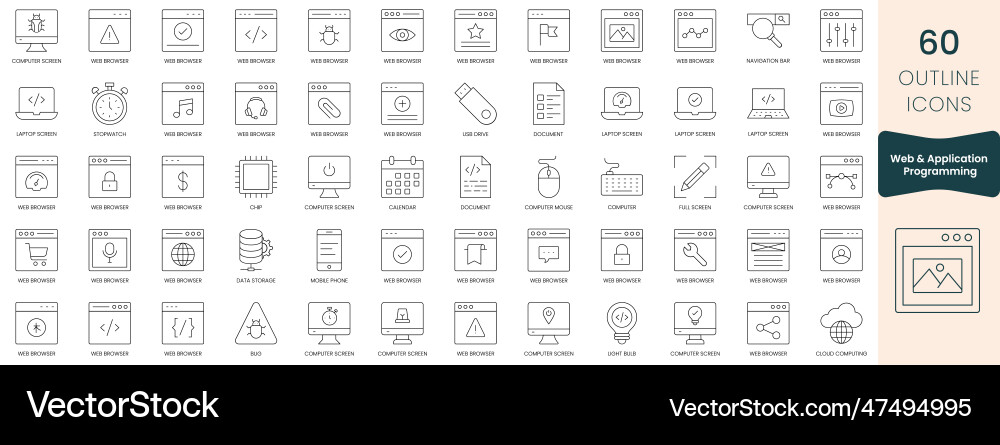 Set of web and application programming icons thin Set of web and application programming icons thin vector image